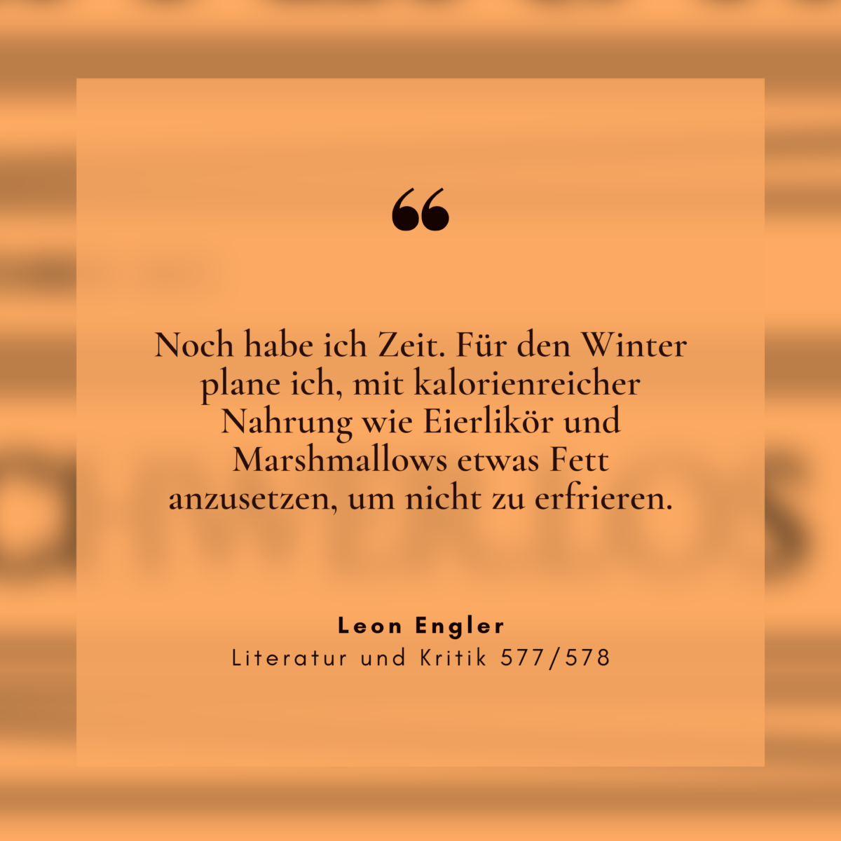 Zitat "Noch habe ich Zeit. Für den Winter plane ich, mit kalorienreicher Nahrung wie Eierlikör und Marshmallows etwas Fett anzusetzen, um nicht zu erfrieren." von Leon Engler, aus Literatur und Kritik 577/578
Zitat in schwarzer Schrift auf schwarz-orangenen verschwommenen Hintergrund