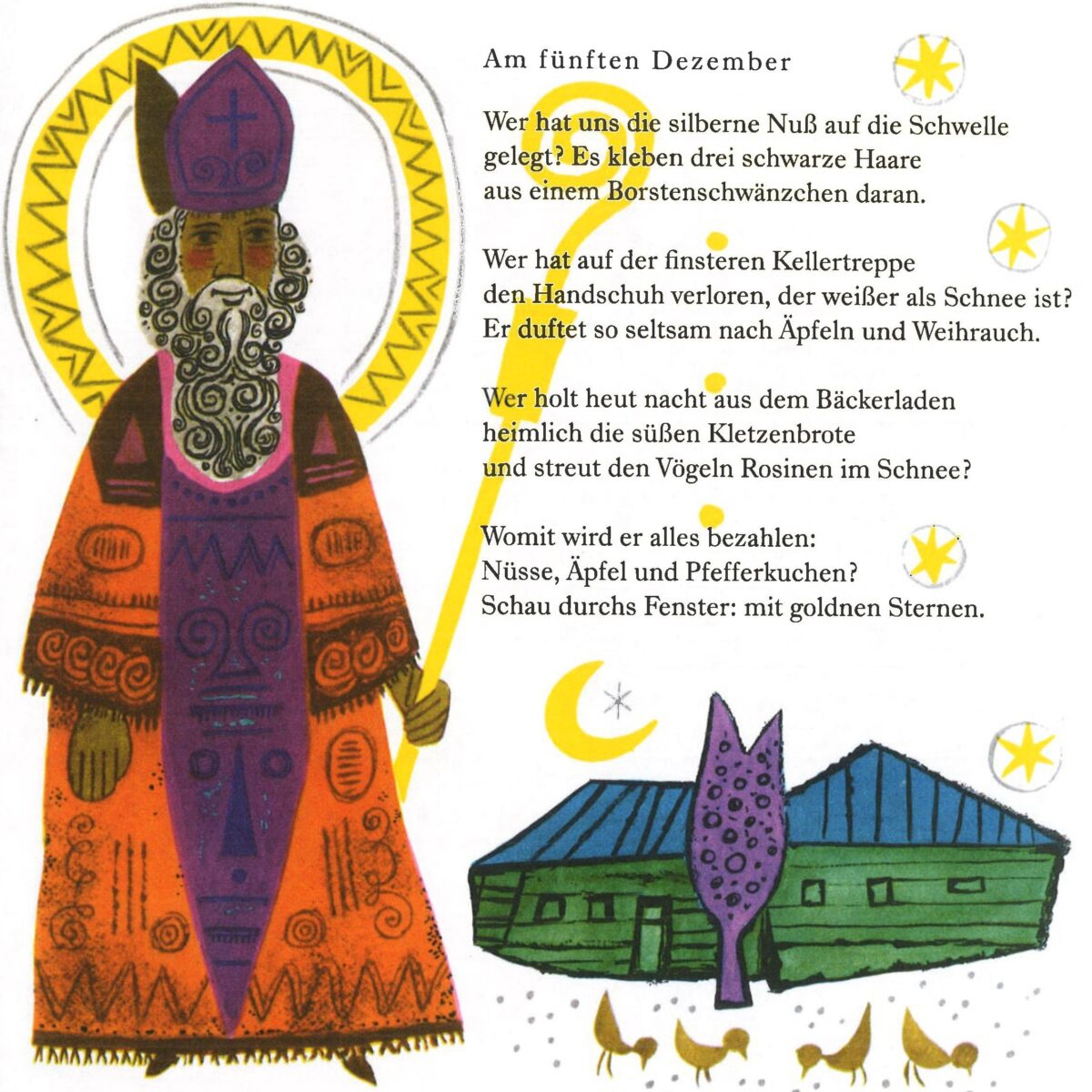 Scan einer Seite aus Buch "Die Sternenmühle" von Christine Basta, Zeichnung eines Nikolaus, Sternen und Bauernhof; Gedicht "Am fünften Dezember"