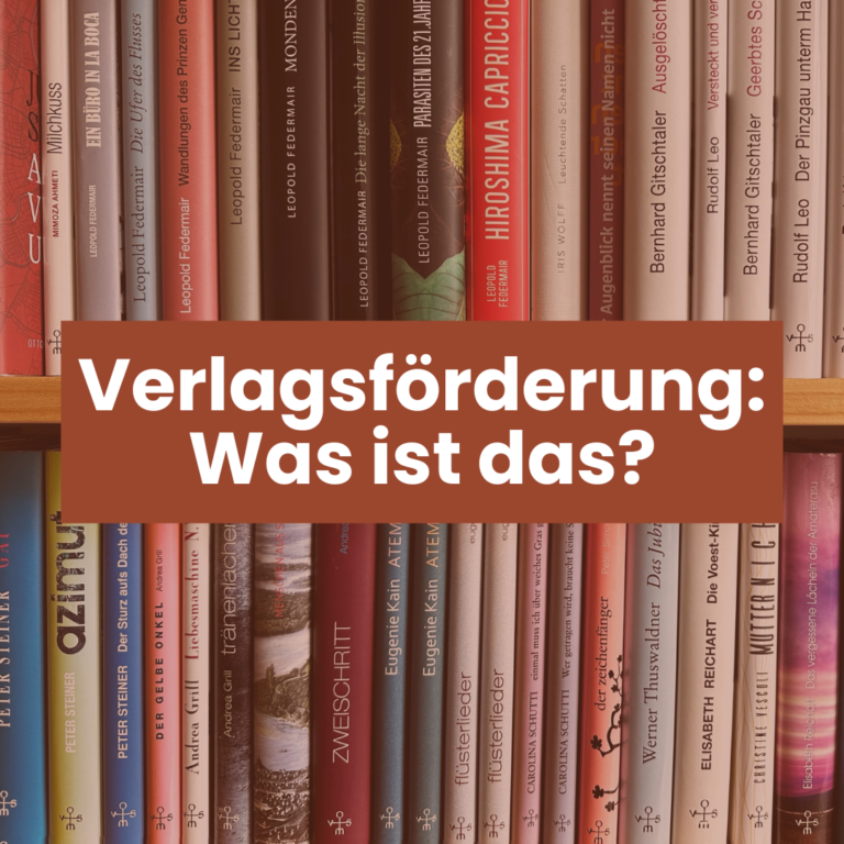 Foto von Bücherregal, davor Text: "Verlagsförderung: Was ist das?"